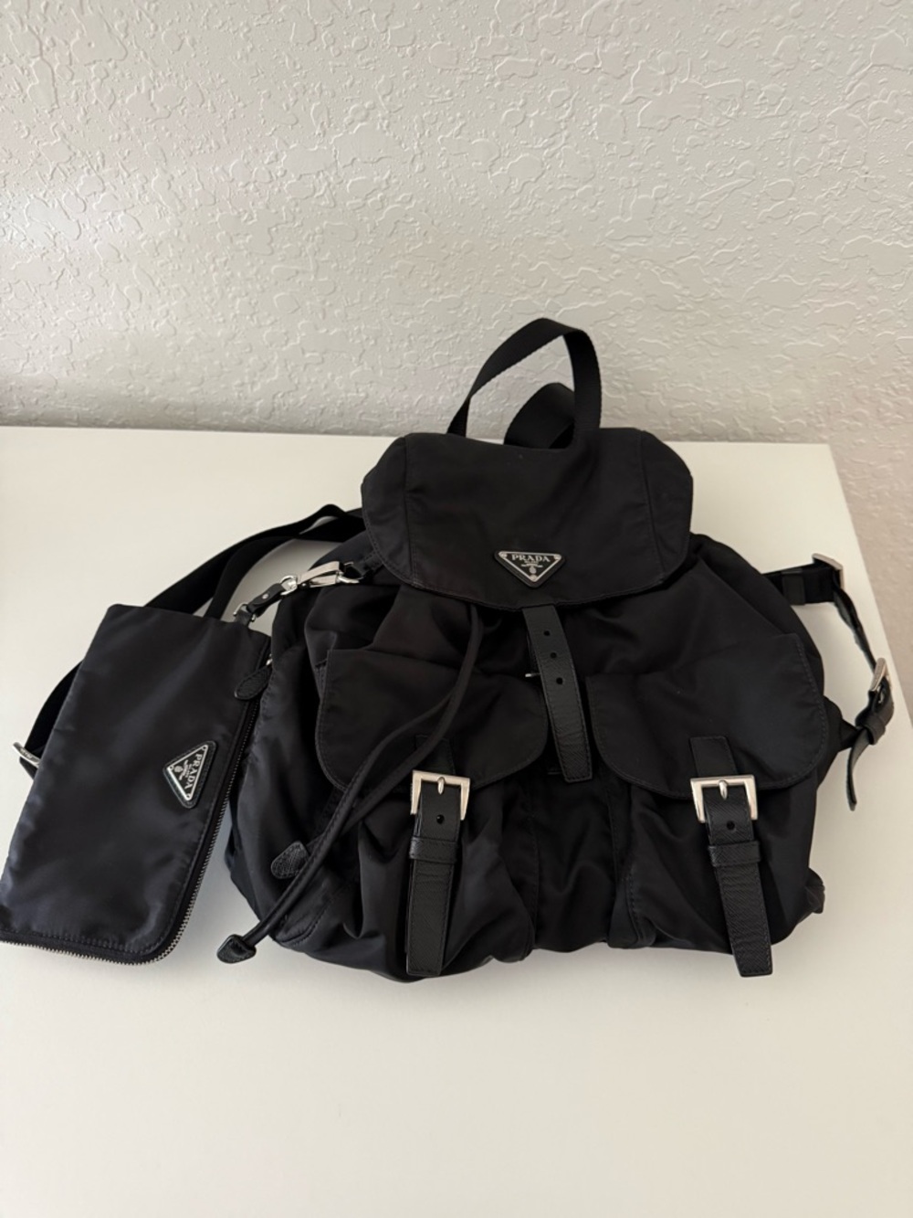 Prada Black Nylon Drawstring Backpack with Removable Pouch